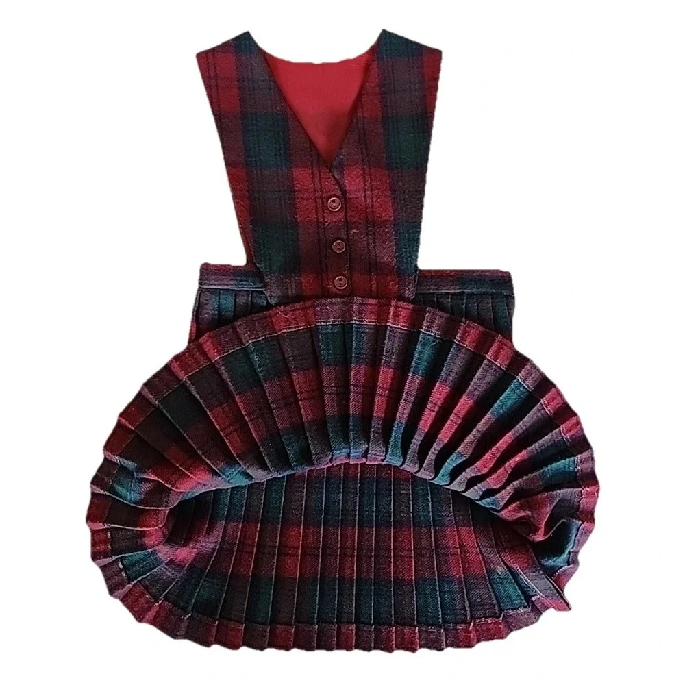 VTG Archie‎ Brown & Son Pleated Skirt Vest Holiday Preppy Red Green Plaid Girl 8